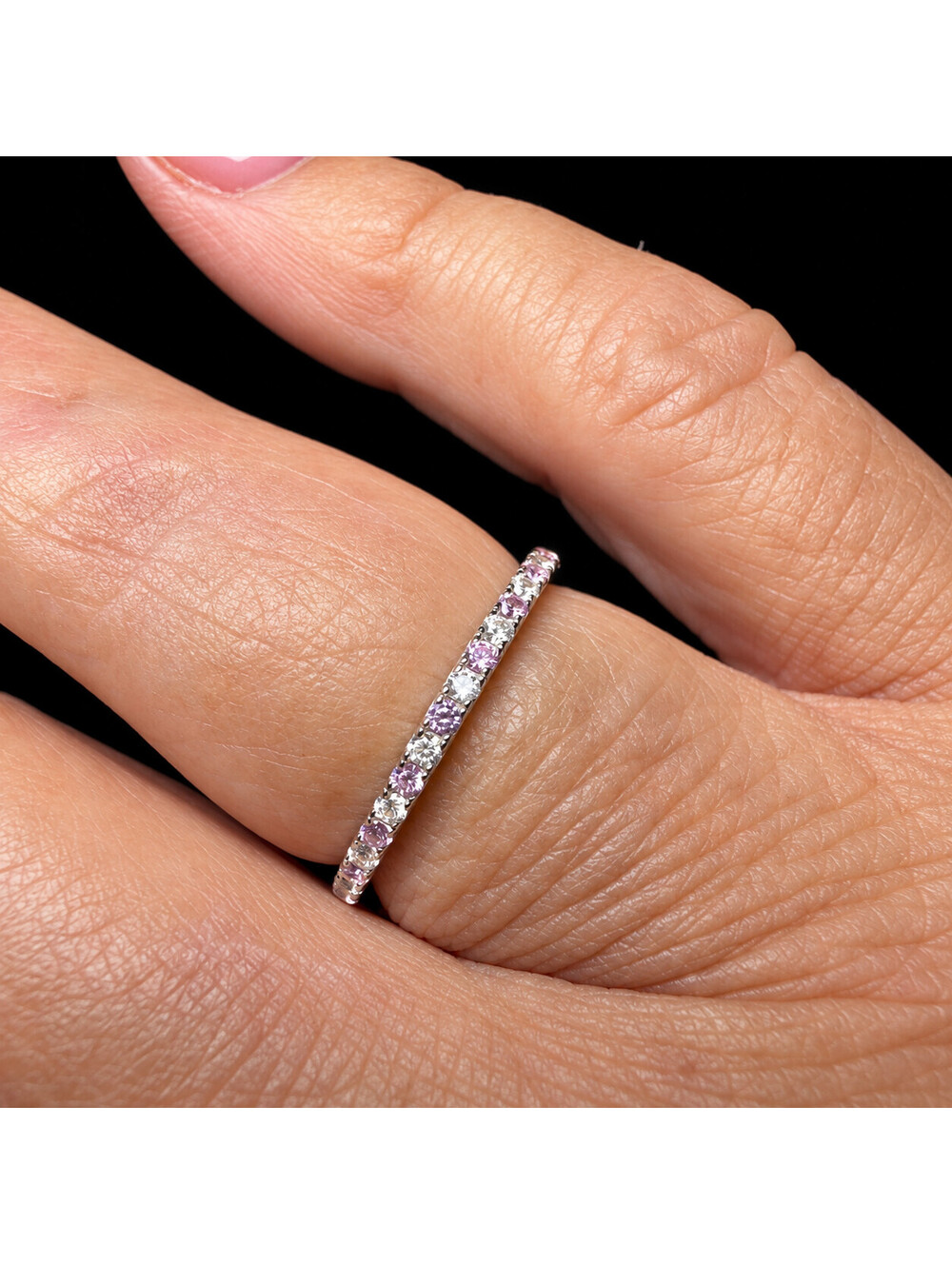925 Sterling Silver Pink & Clear Stone Eternity Band Ring Size 9